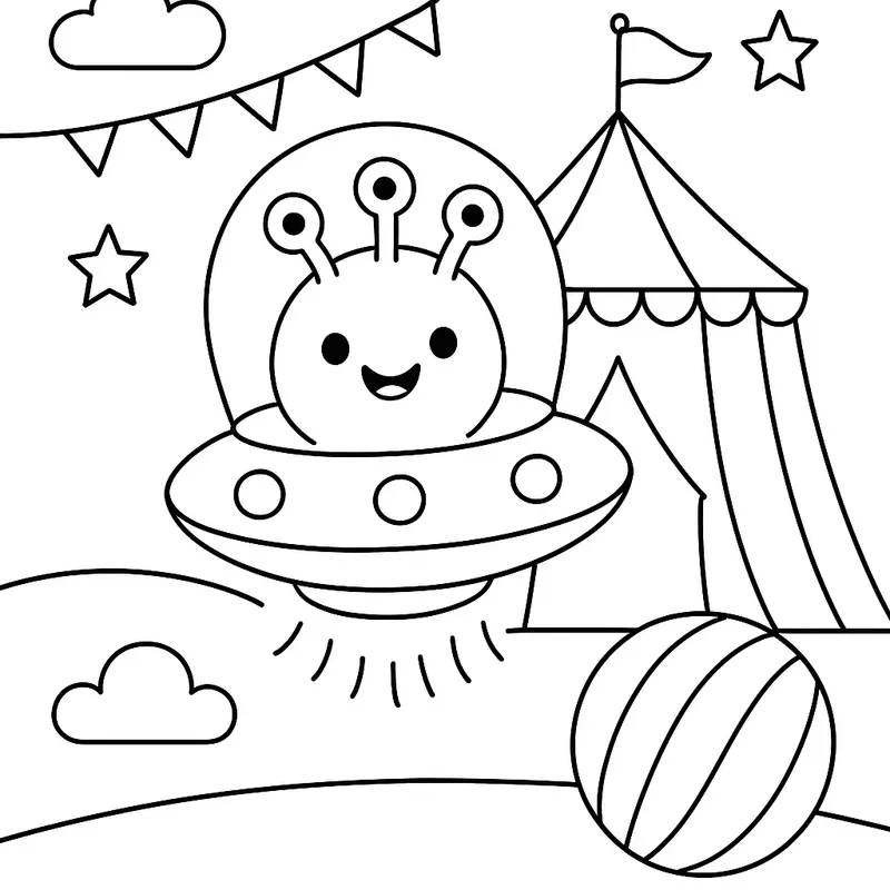 A colorful alien floating at a circus Coloring Page
