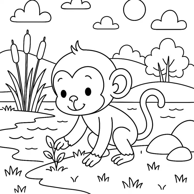 A tiny monkey exploring by a lake Coloring Page