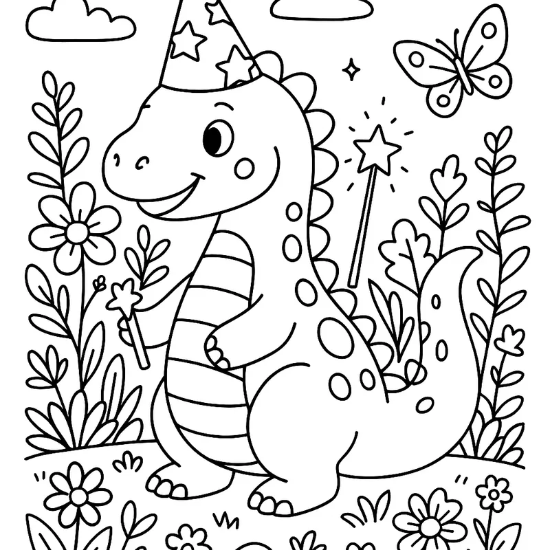 A magical dinosaur in a garden Coloring Page
