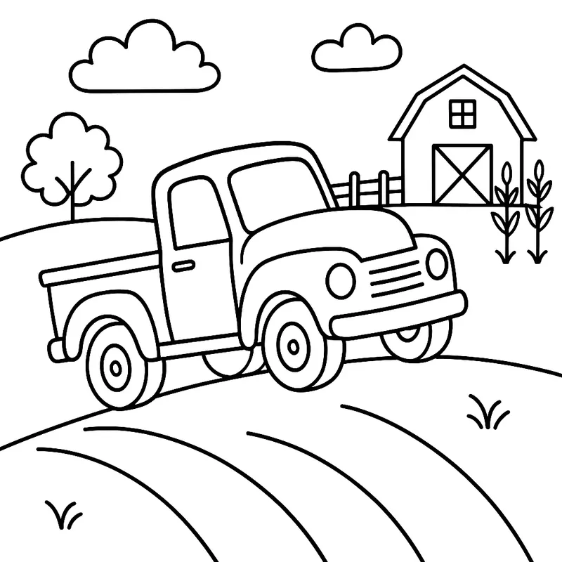 A ancient truck climbing on a farm Coloring Page
