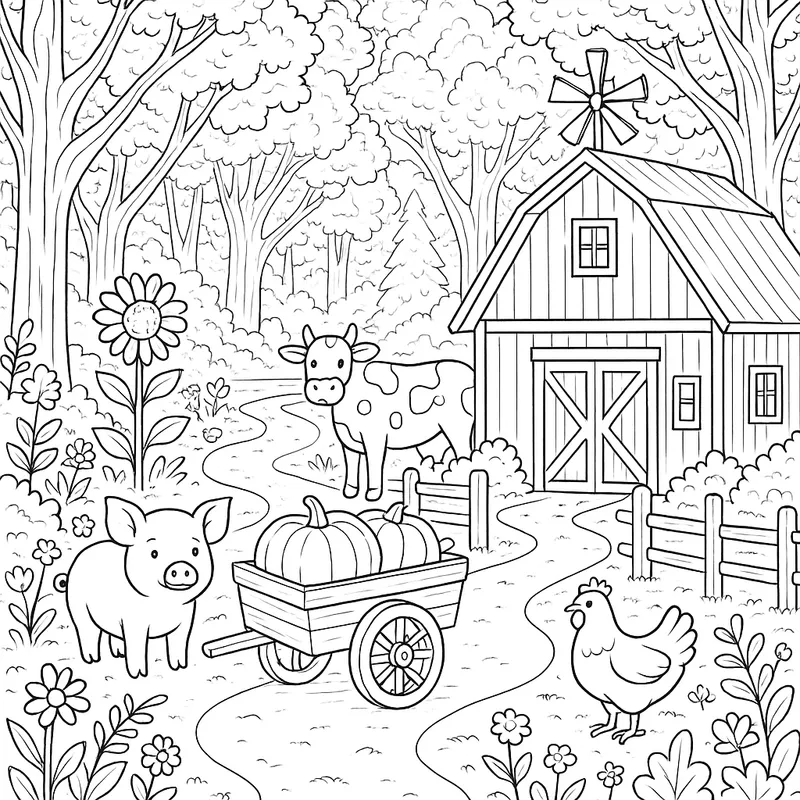 A colorful farm discovering in a forest Coloring Page