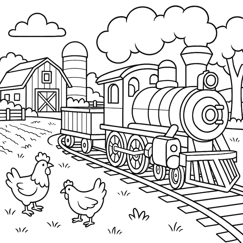 A giant train on a farm Coloring Page