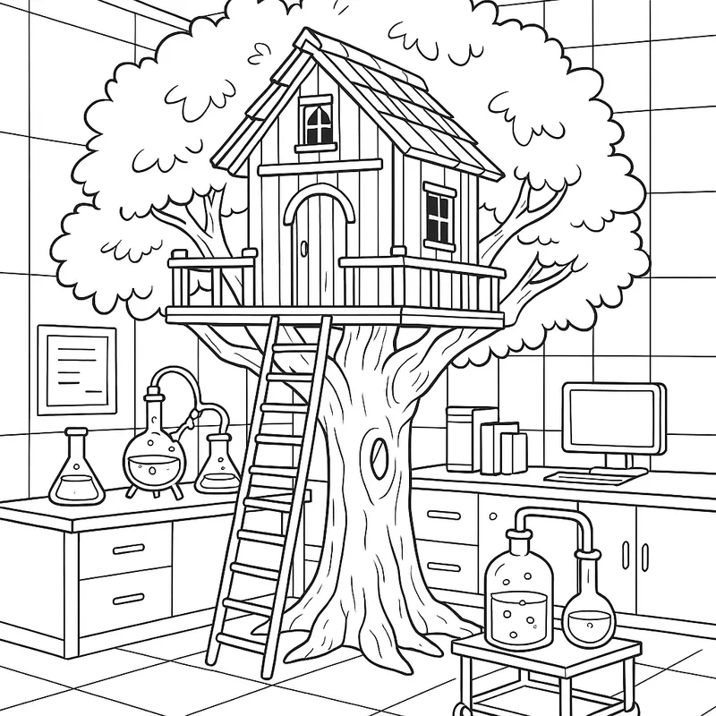 A mysterious treehouse in a laboratory Coloring Page