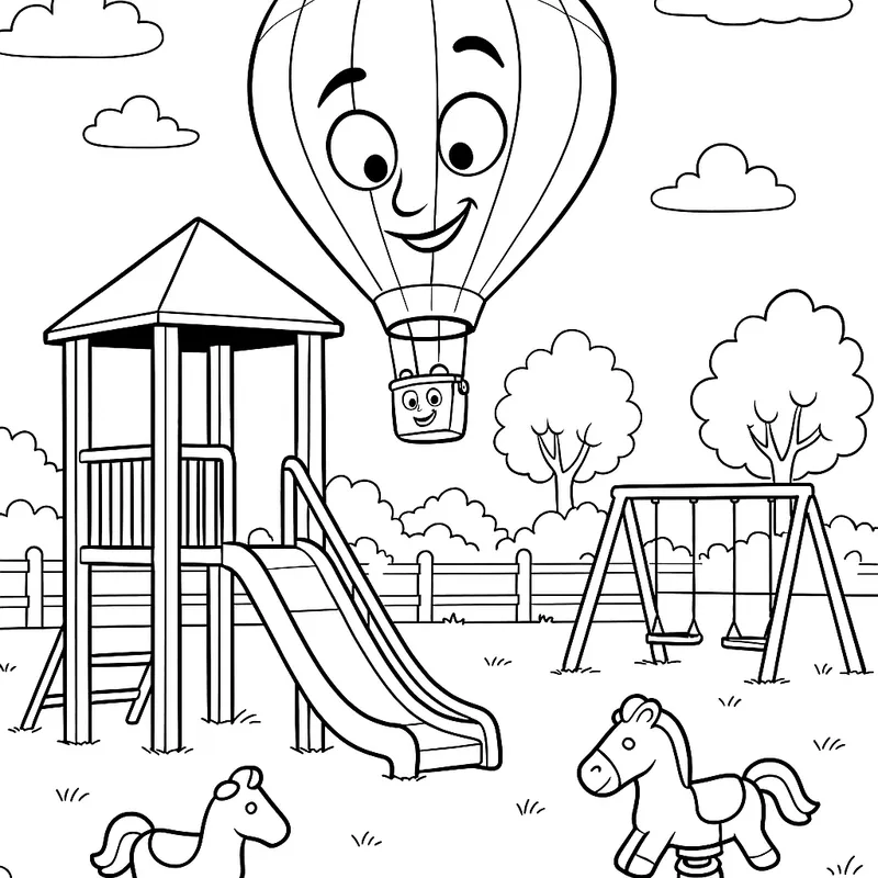 A curious hot air balloon diving on a playground Coloring Page