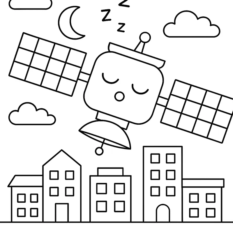 A sleepy satellite in a city Coloring Page