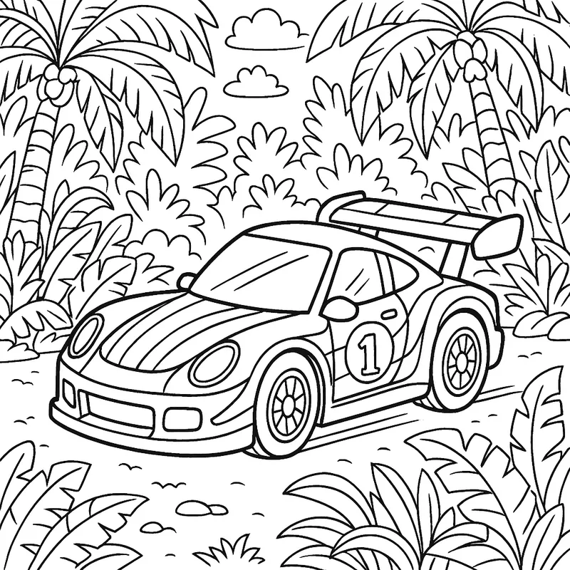 A colorful race car in a jungle Coloring Page