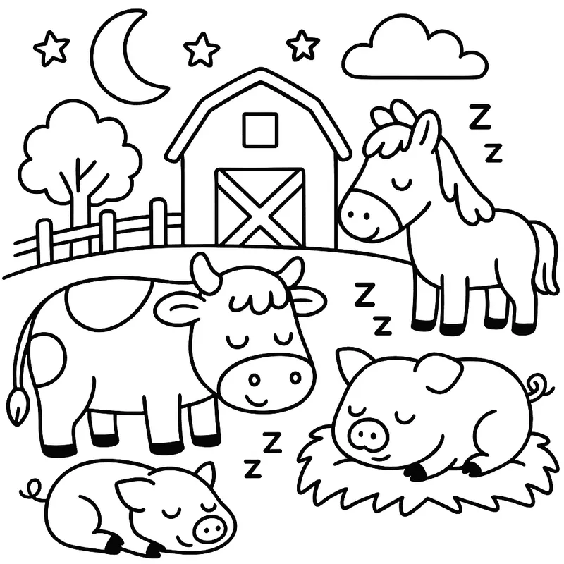 A happy farm sleeping Coloring Page