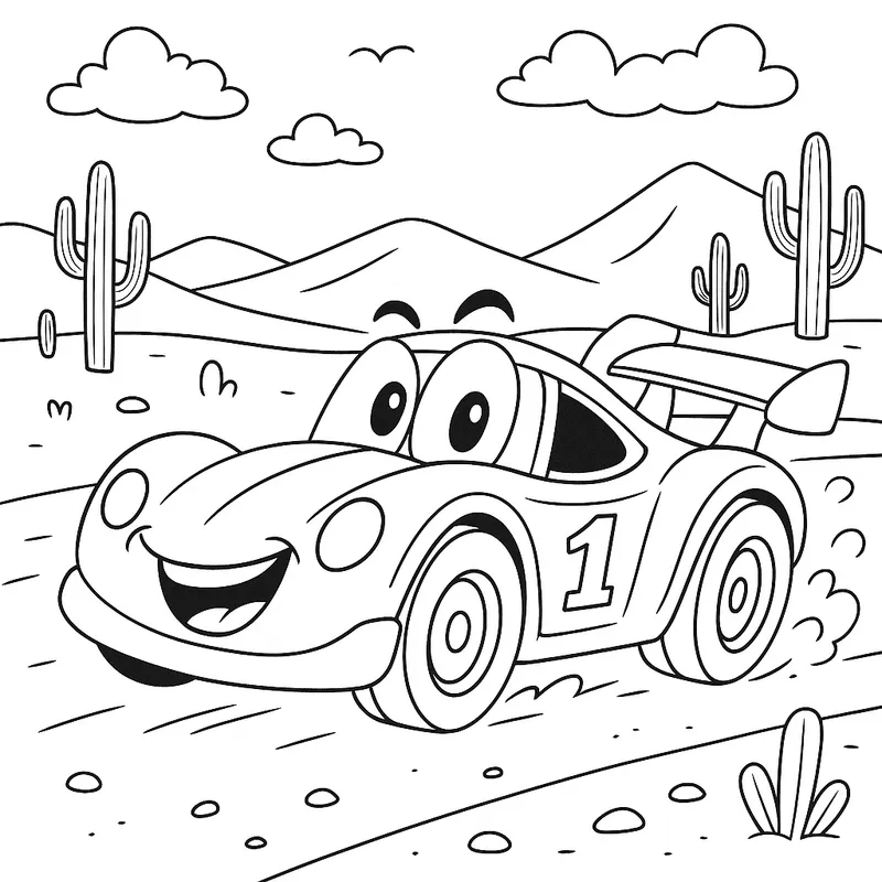 A silly race car in a desert Coloring Page