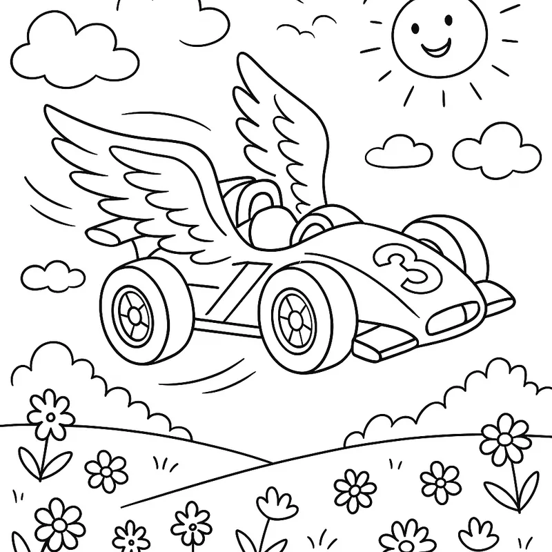 A magical race car flying in a meadow Coloring Page