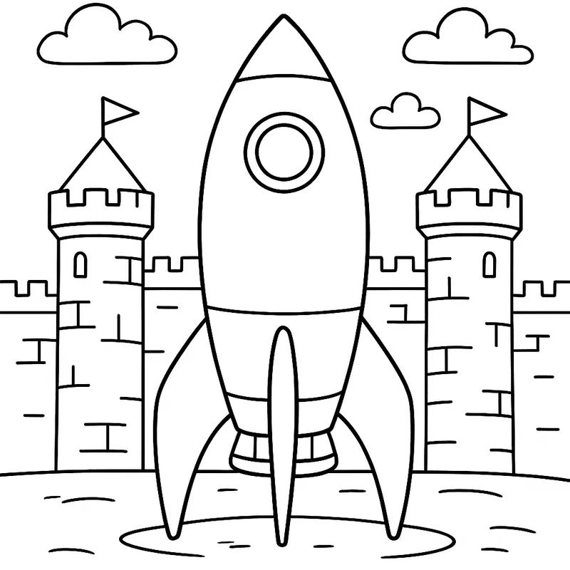 A ancient rocket in a castle Coloring Page