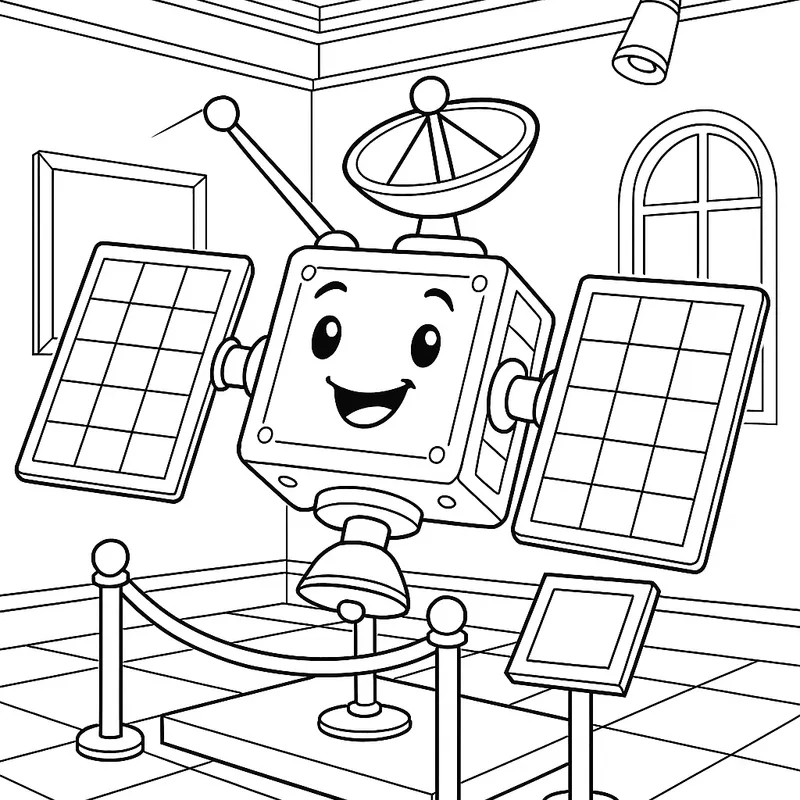 A happy satellite in a museum Coloring Page