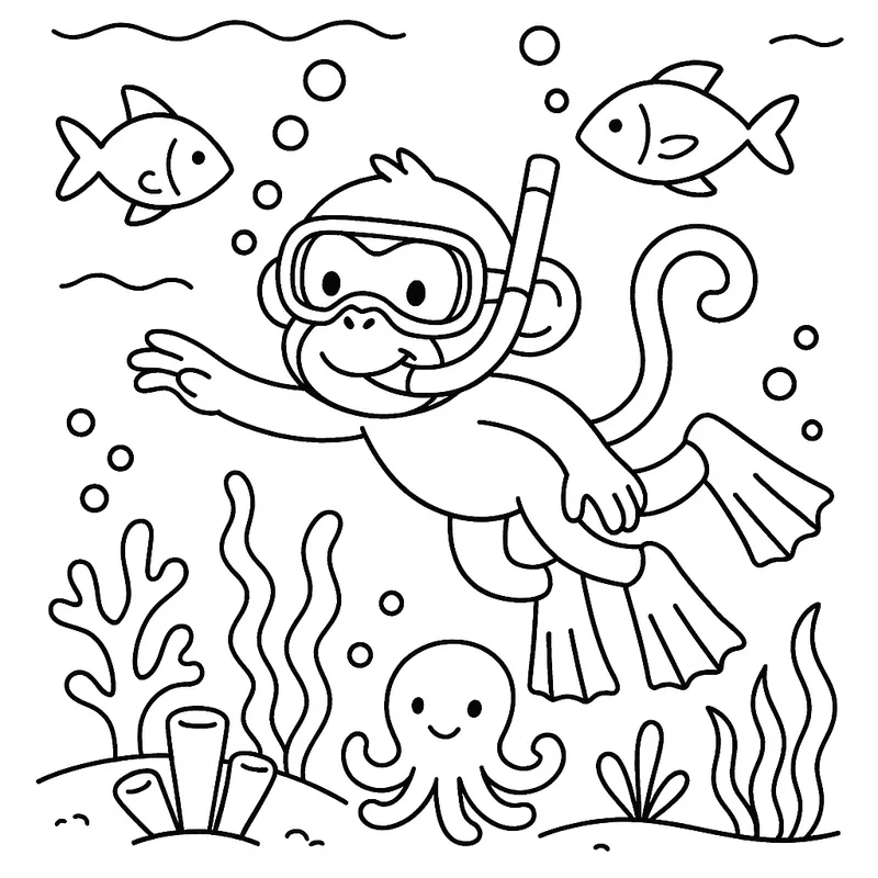 A playful monkey exploring under the sea Coloring Page