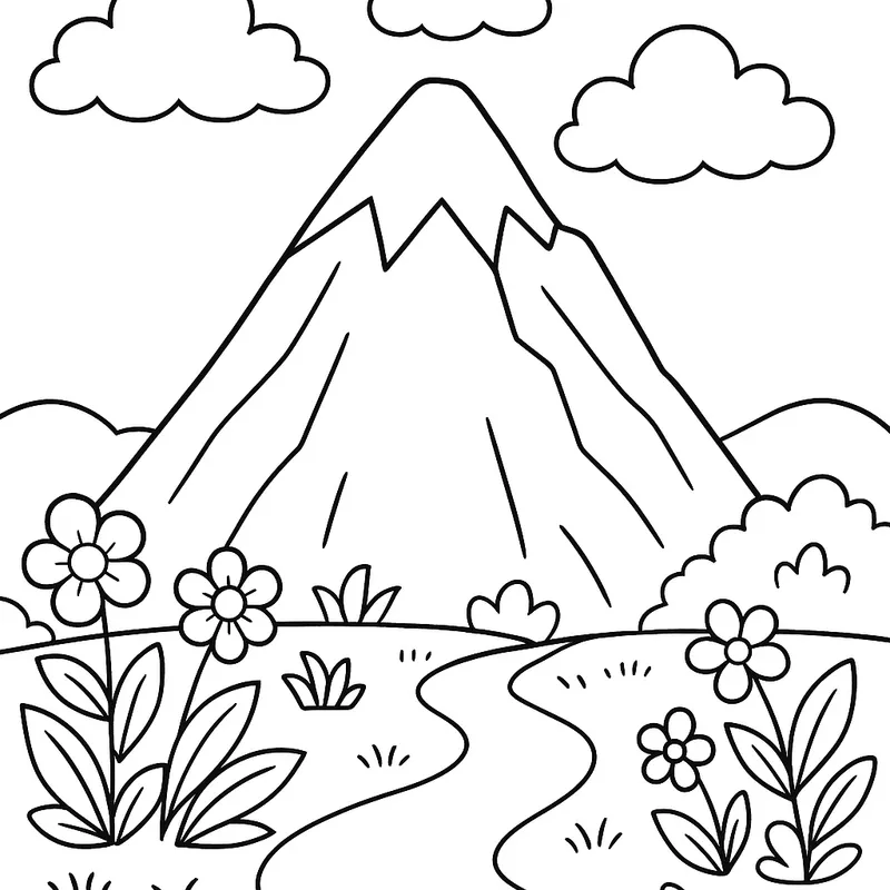 A giant mountain in a garden Coloring Page