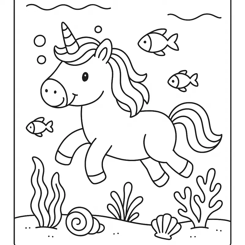 A friendly unicorn under the sea Coloring Page
