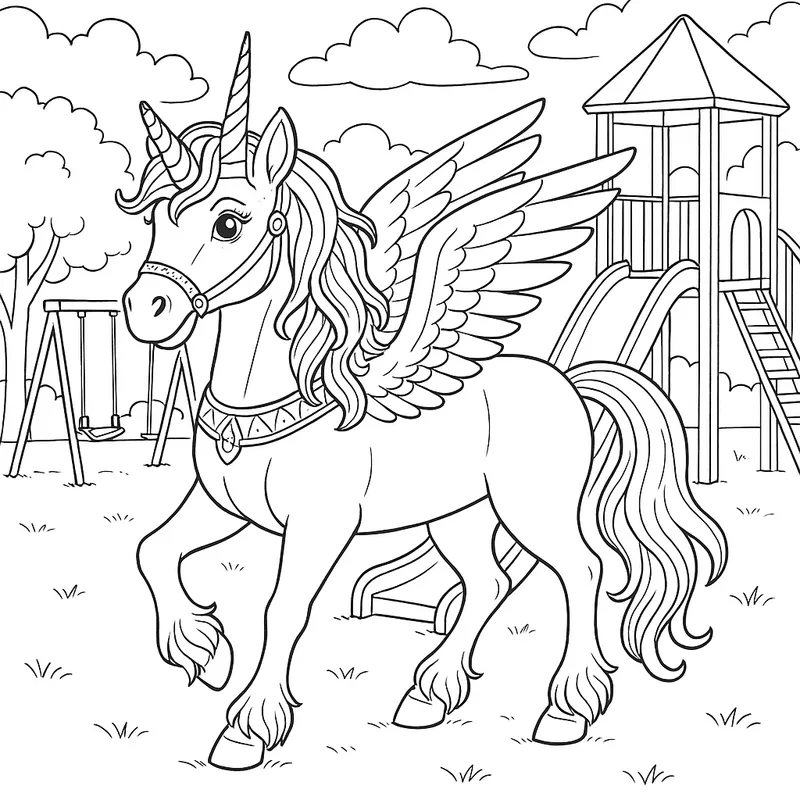 A ancient unicorn floating on a playground Coloring Page