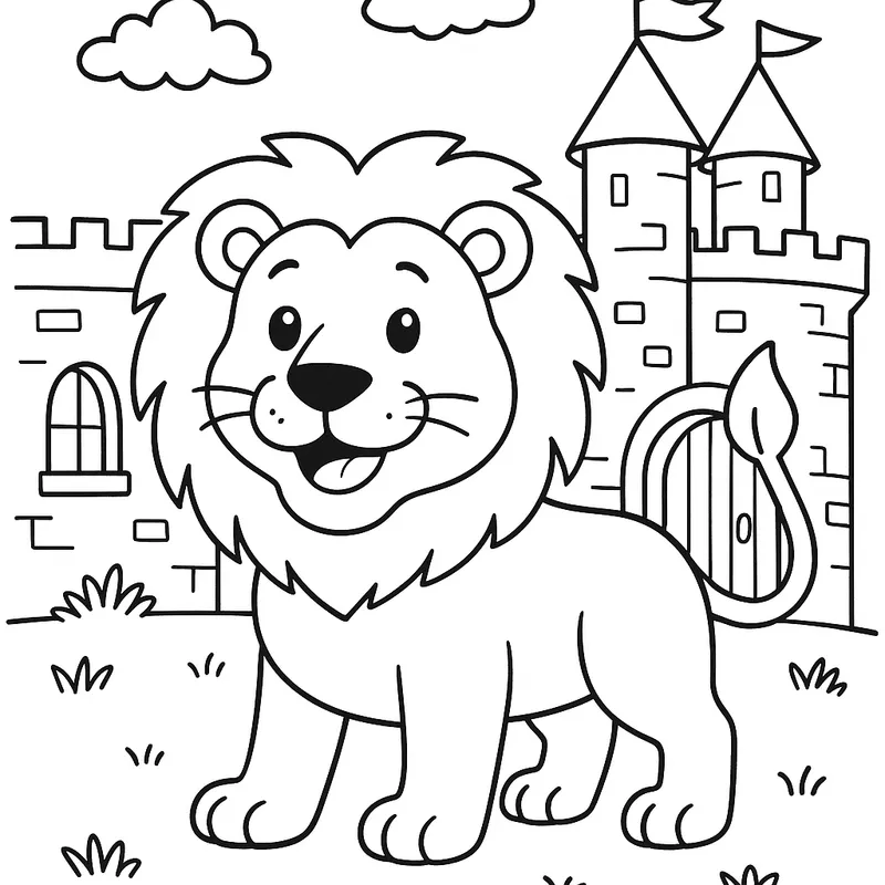 A friendly lion in a castle Coloring Page
