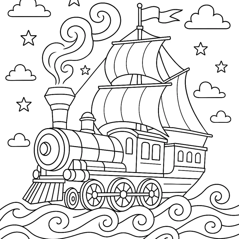 A magical train sailing Coloring Page