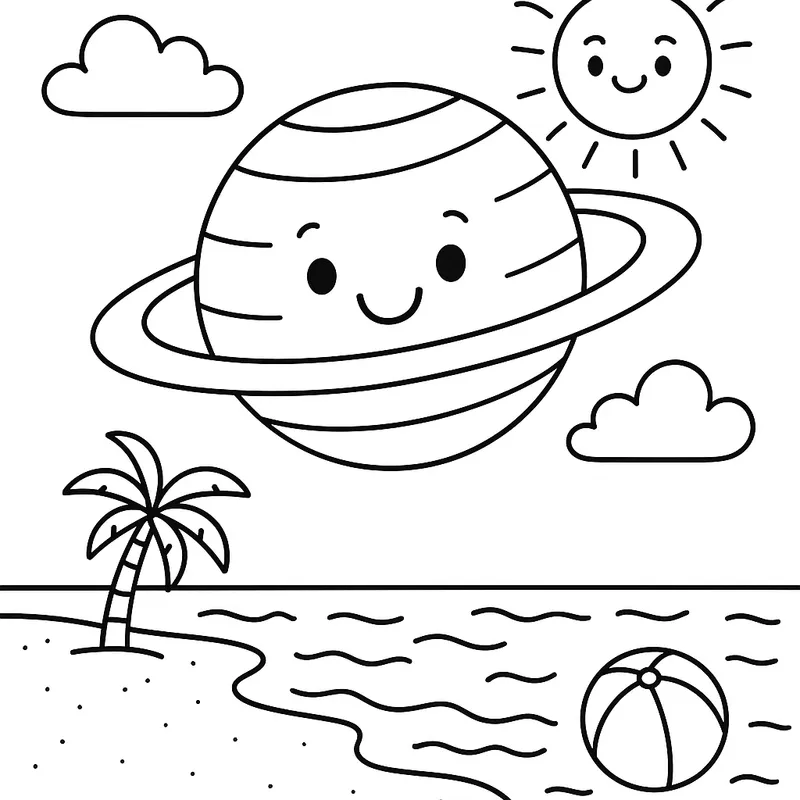 A happy planets floating at the beach Coloring Page