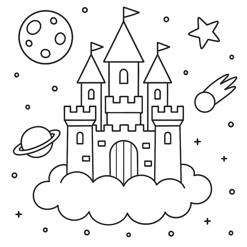 A giant castle flying in space Coloring Page
