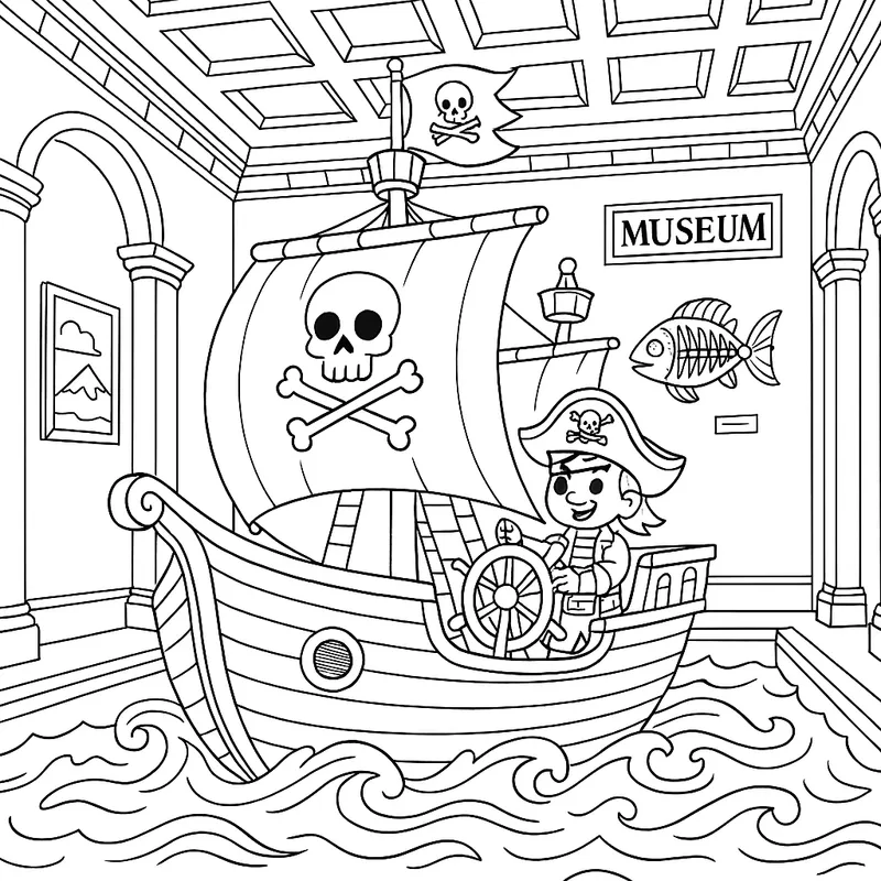 A adventurous pirate ship swimming in a museum Coloring Page