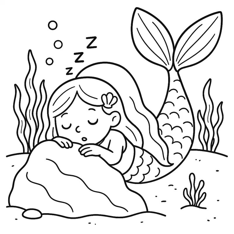 A sleepy mermaid hiding Coloring Page