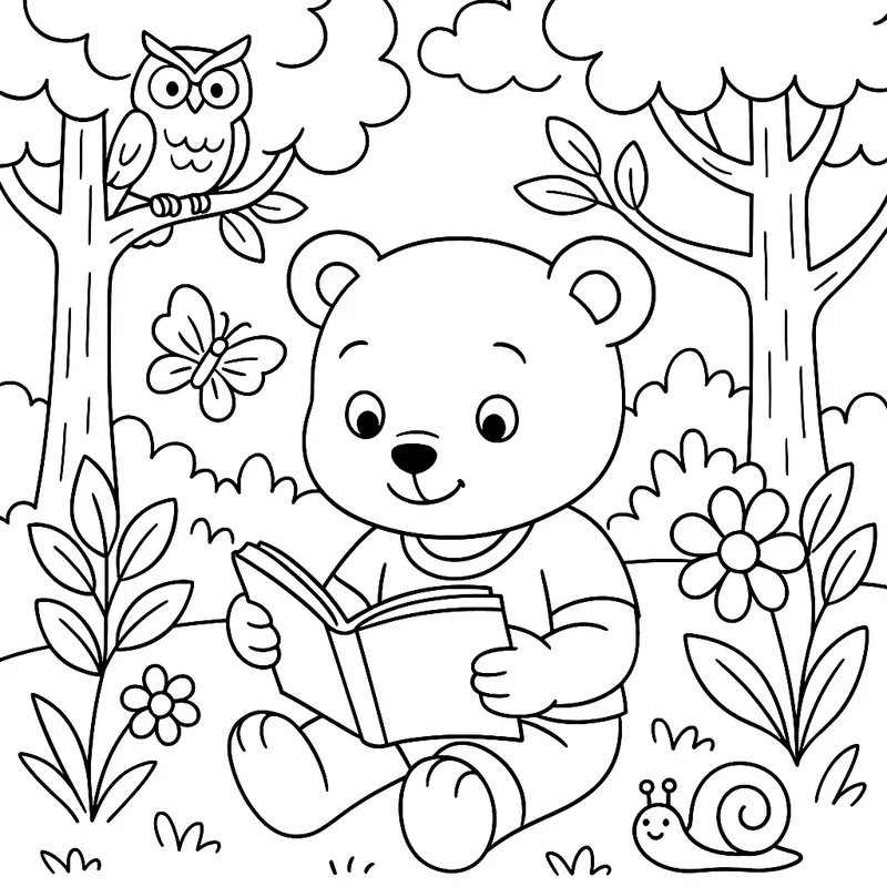 A colorful forest reading Coloring Page