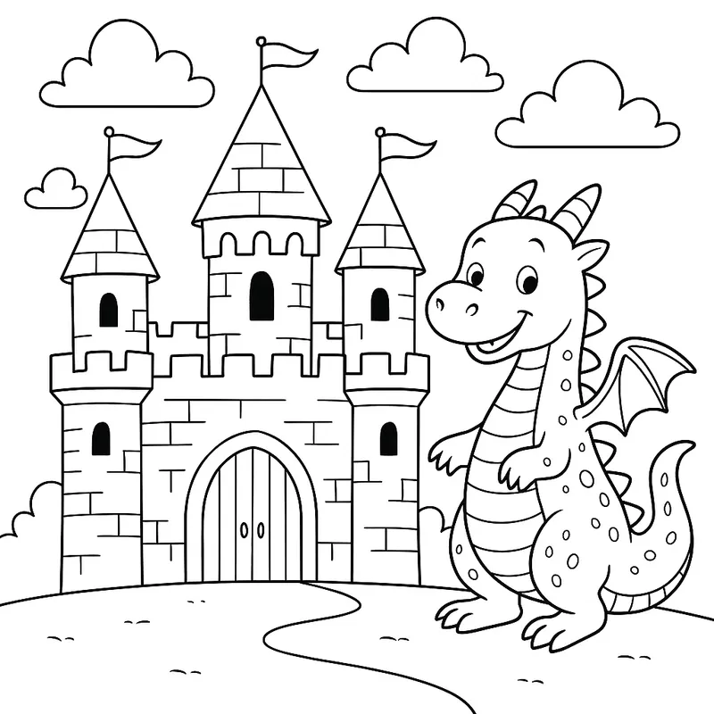 Castle and Dragon Coloring Page