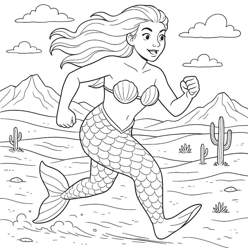 A giant mermaid running in a desert Coloring Page