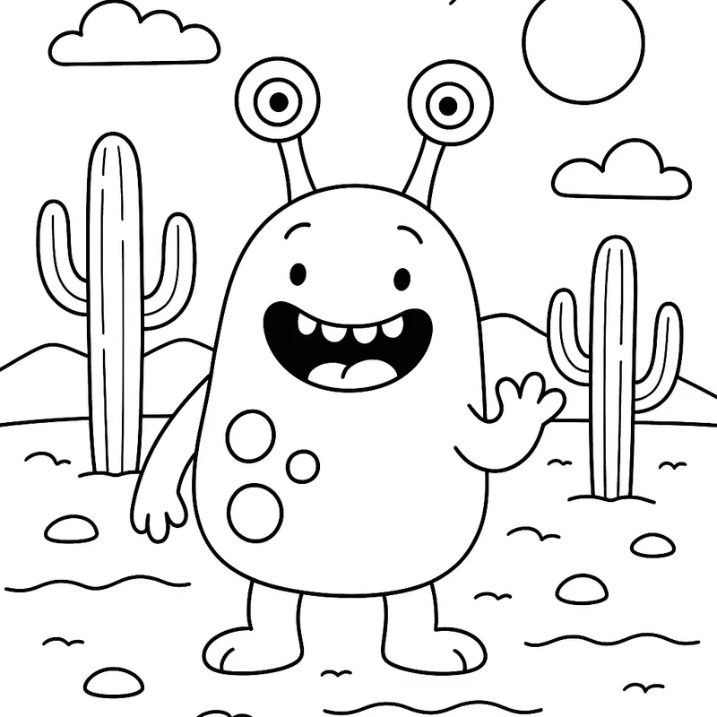 A silly alien in a desert Coloring Page