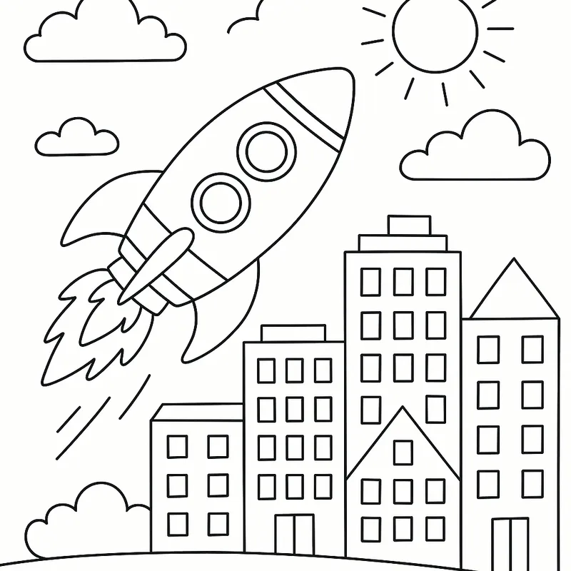 A colorful rocket diving in a city Coloring Page