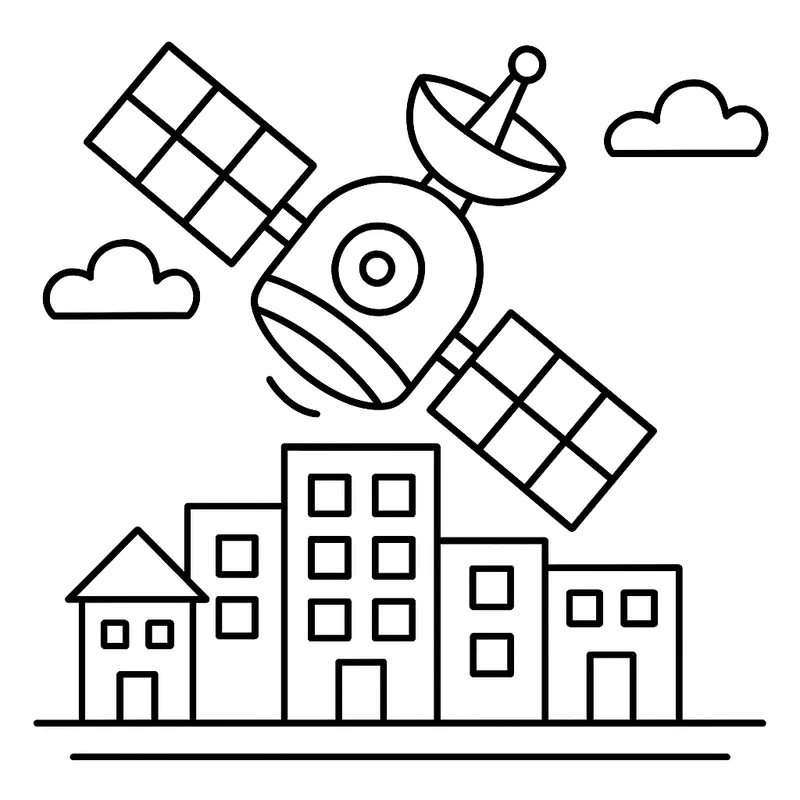 A giant satellite diving in a city Coloring Page