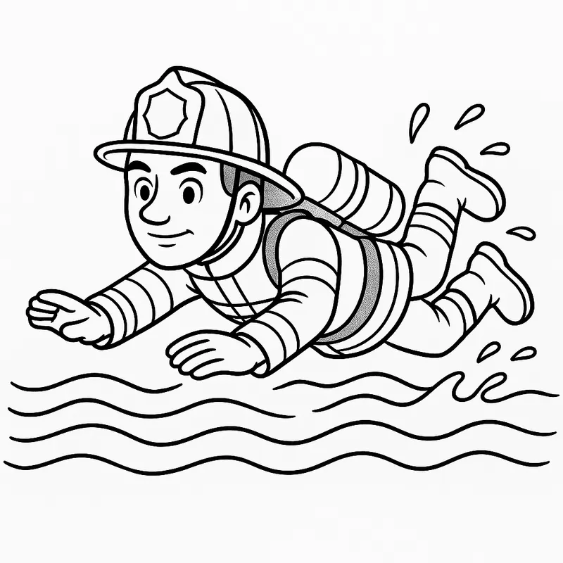 A clever firefighter swimming Coloring Page