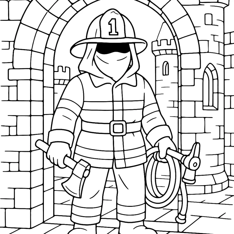 A mysterious firefighter in a castle Coloring Page