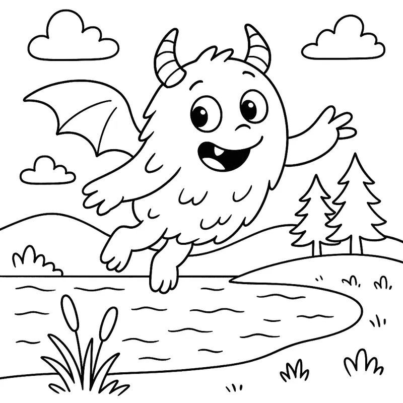 A curious monster flying by a lake Coloring Page