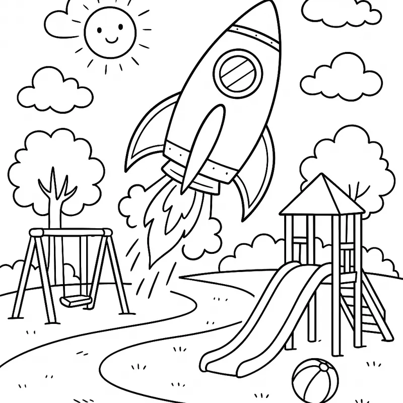 A brave spaceship flying on a playground Coloring Page