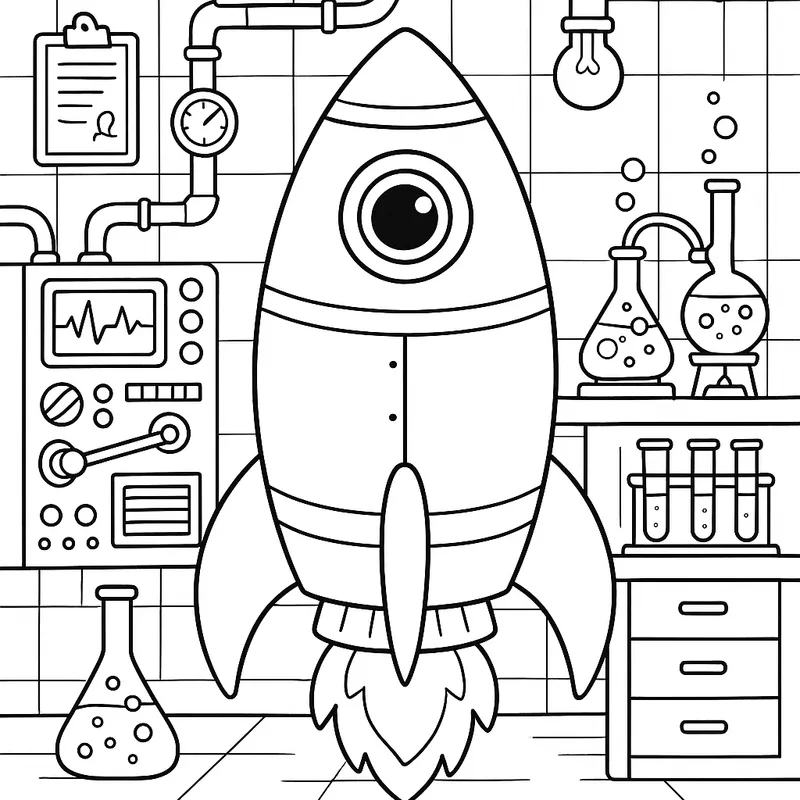 A cute rocket in a laboratory Coloring Page