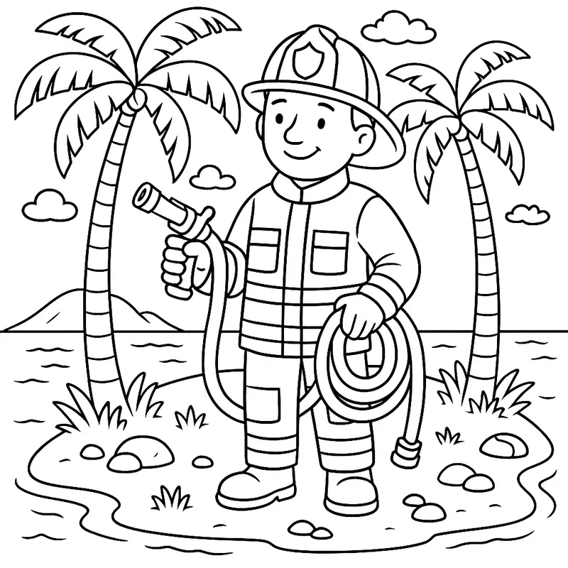 A gentle firefighter on an island Coloring Page