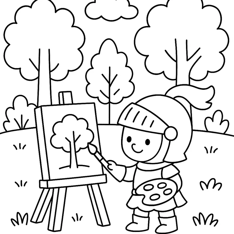 A tiny knight painting in a forest Coloring Page