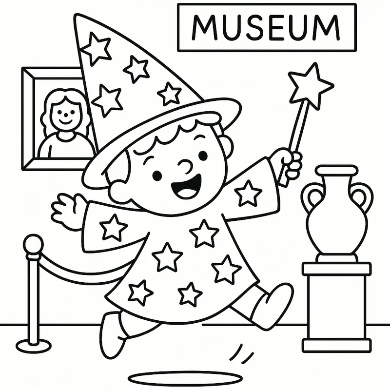 A cute wizard jumping in a museum Coloring Page