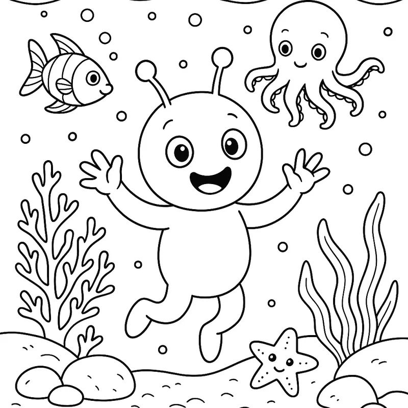 A happy alien floating under the sea Coloring Page
