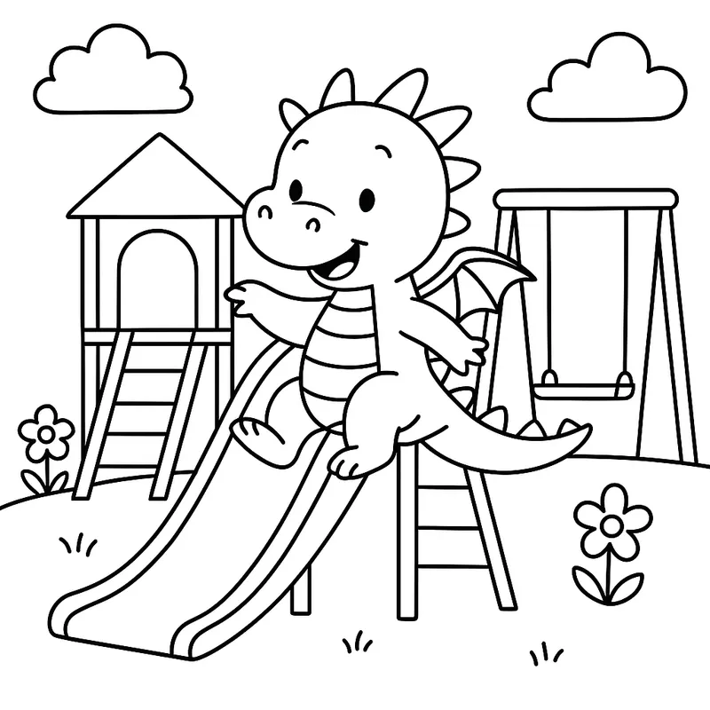 A playful dragon discovering on a playground Coloring Page