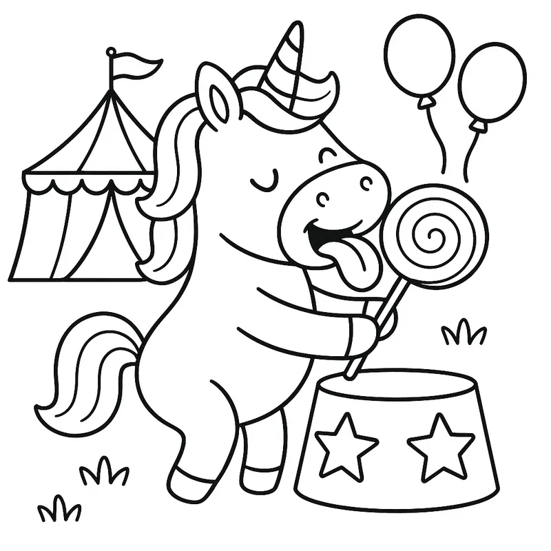 A hungry unicorn at a circus Coloring Page