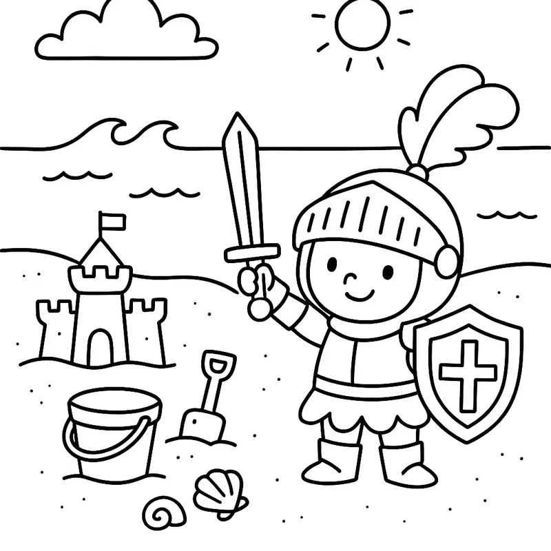 A tiny knight at the beach Coloring Page