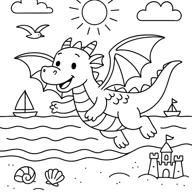 A friendly dragon flying at the beach Coloring Page
