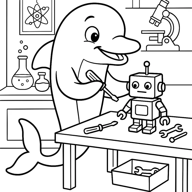 A curious dolphin building in a laboratory Coloring Page