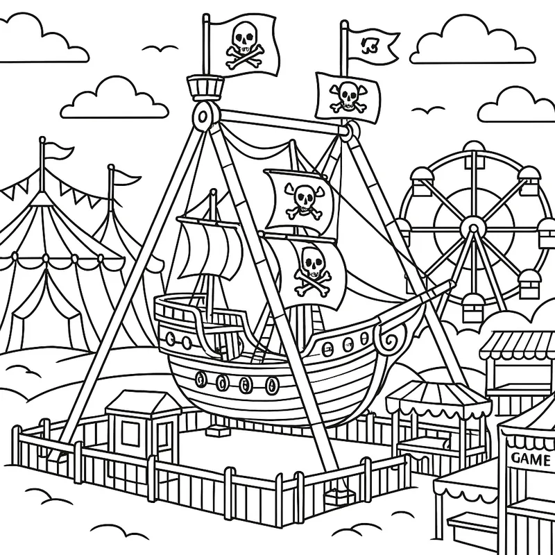 A ancient pirate ship at a carnival Coloring Page