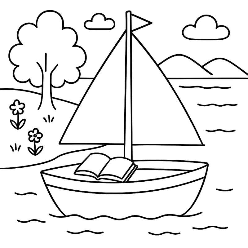 A colorful sailboat reading by a lake Coloring Page