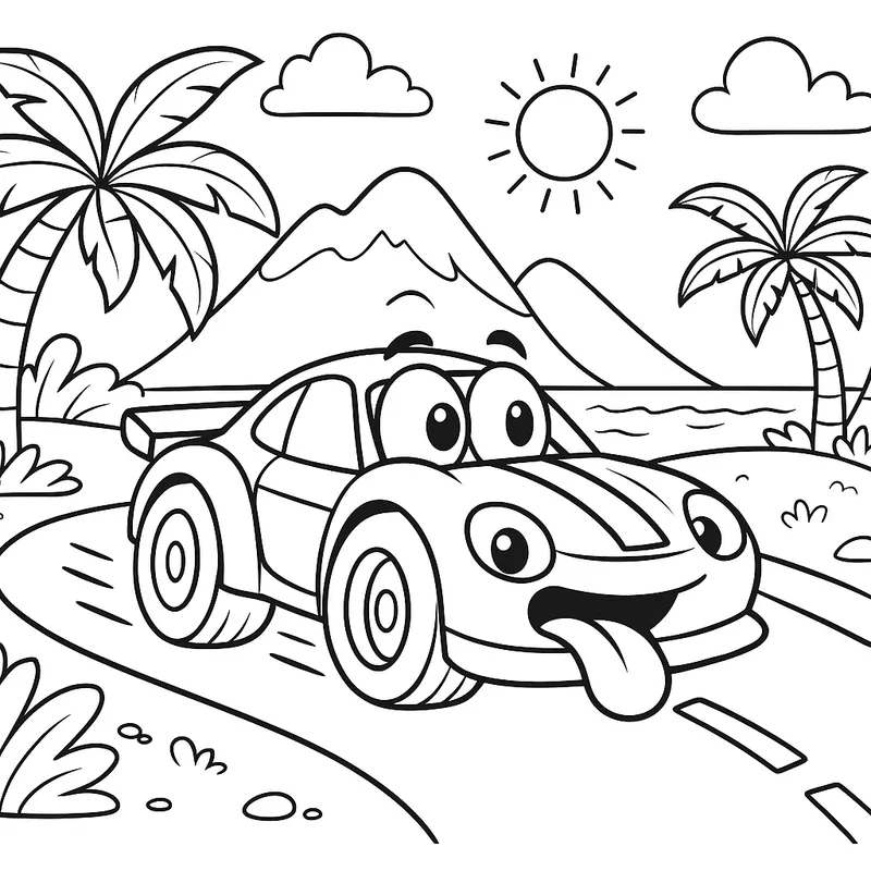 A hungry race car racing on an island Coloring Page