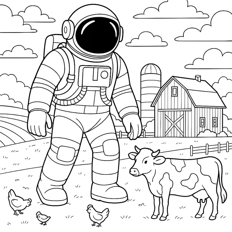 A giant astronaut on a farm Coloring Page
