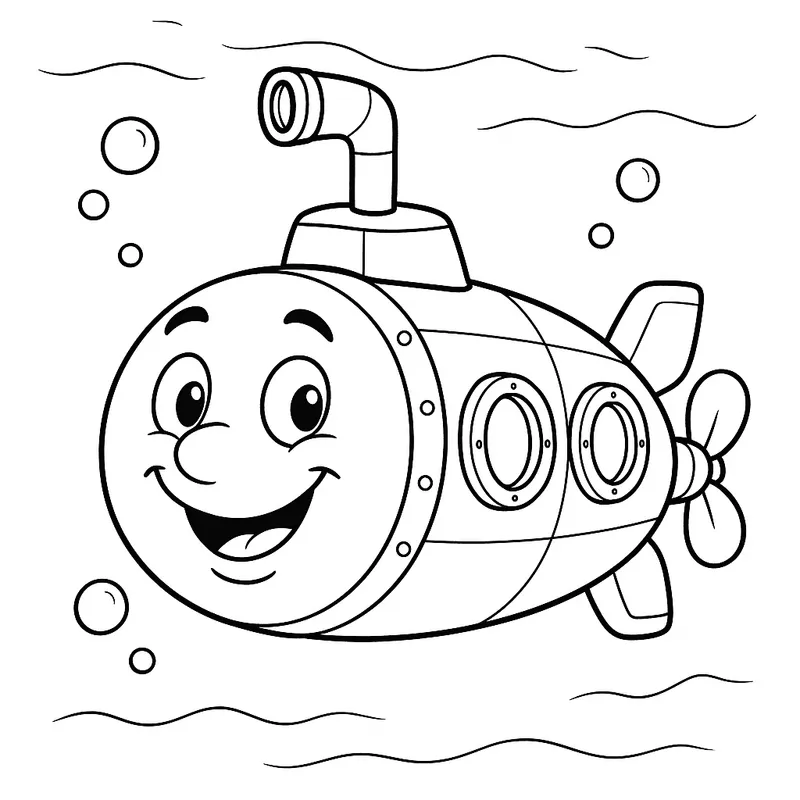 A happy submarine floating Coloring Page